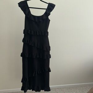 Black ruffle ankle length dress with slit